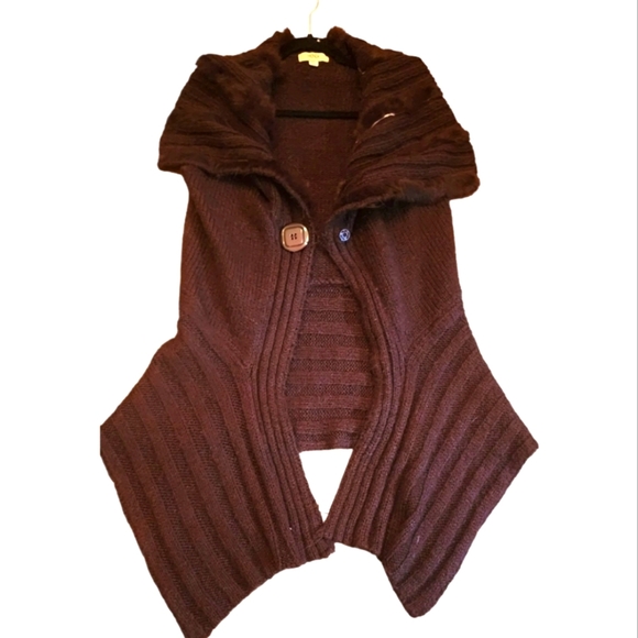 🔖Final Sale! Hendi Brown Asymmetrical Long Duster Sweater Vest with Fur Trim - Picture 2 of 16